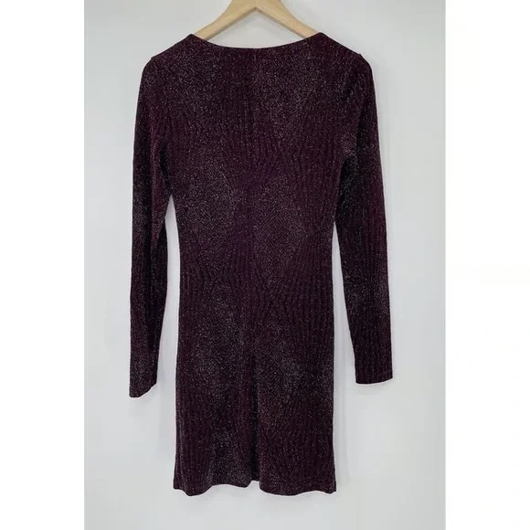 B Darlin Plum Metallic Long Sleeve V-Neck Dress - Picture 2 of 2